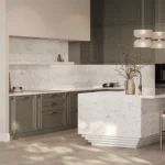 Caesarstone ICON 5143 White Attica in Modern kitchen with olive green cabinets, marble countertops, island, bar stools, and pendant lights.