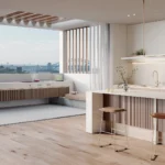 Caesarstone Porcelain 412 Beige Cement in Modern open-concept kitchen with island seating, large windows, city view, and minimalist design elements.