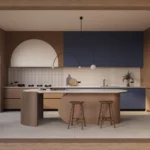 Caesarstone ICON 5144 Rossa Nova surface in Modern kitchen with blue and beige cabinetry, island with stools, arched window, and minimalist decor.