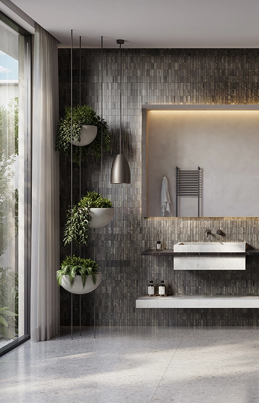 Caesarstone 4044 Airy Concrete surface in modern bathroom with double sinks, large illuminated mirror, hanging plants, and walk-in shower.