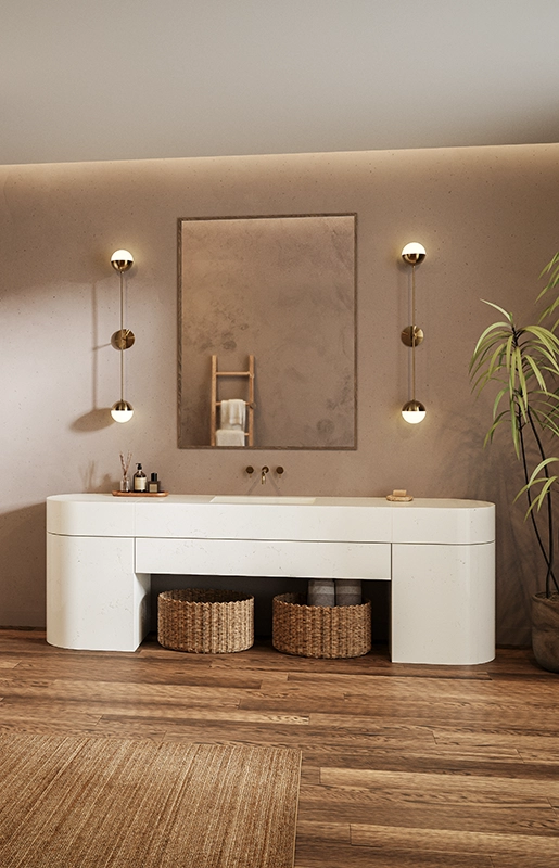 Caesarstone ICON 5141 Frosty Carrina surface in Modern bathroom with a sleek bathtub, double sink, large mirror, and potted plant.